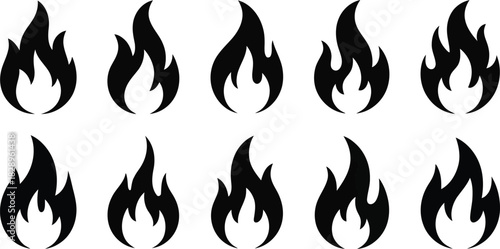 A simple collection of ten black fire flame icons representing heat or energy on a white background