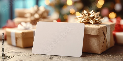 A blank gift card mockup resting on top of a stack of wrapped presents (blurred), with the focus sharp on the card. The background