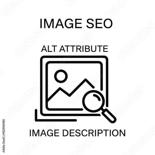 Image seo concept with alt attribute and description, represented by a picture frame and magnifying glass, isolated on
