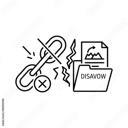 Disavow links concept with broken chain and folder icon, representing negative seo and website optimization strategy