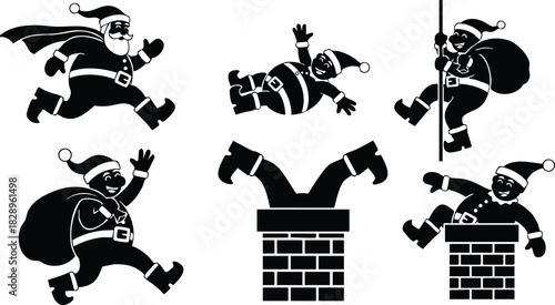 Flat design black silhouette santa claus set with running poses climbing rope and falling into brick chimneys playful christmas vector art for festive decoration projects