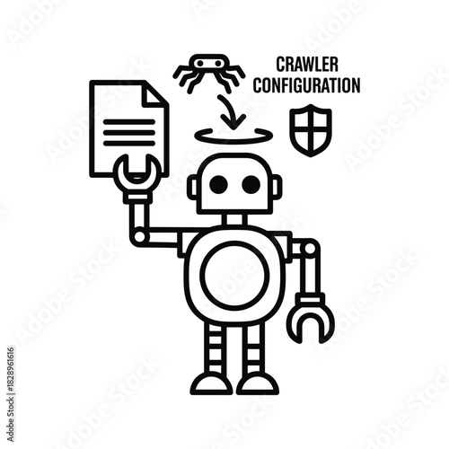 Robot configuring web crawler settings for data and security, illustrated with document, spider, and shield