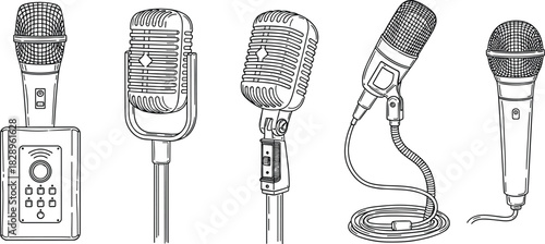 Retro and Modern Microphone Line Art Set; Detailed Vector Outline Collection of Vintage and Handheld Mics; Music, Broadcast, Podcasting, Singing, and Audio Recording Equipment Graphics.