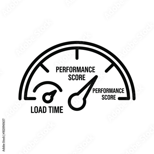 Digital performance score and load time indicator gauge showing optimal results, isolated on