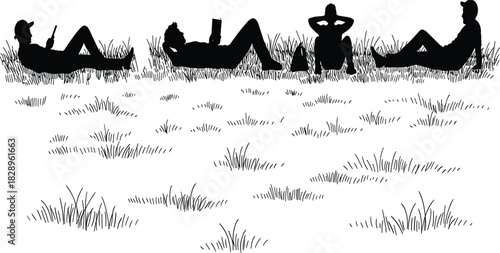 Resting icon set, silhouette people lying and sitting on grass, black and white illustration, relaxation, outdoor, leisure, nature, peaceful vector grid