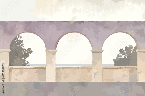 An artistic illustration depicts a pastel-colored arched structure overlooking a serene seascape, evoking a sense of tranquility and architectural beauty in a dreamy setting.