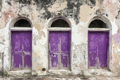 Three weathered, arched doorways painted a vibrant purple stand out against the peeling, textured exterior of an aged building, showcasing architectural detail and historical charm.