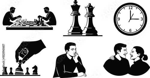Flat design black and white chess icons with two men playing game pieces close up thinking player hand move analog clock couple smiling relationship