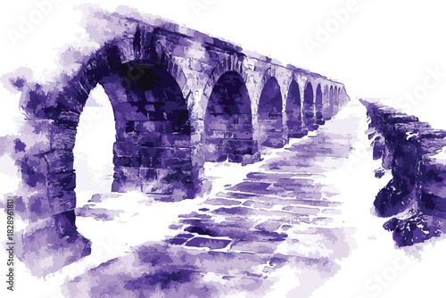 An artistic watercolor depiction showcases a long, arched stone aqueduct, rendered in shades of purple against a clean white background, creating a sense of history and architectural beauty.