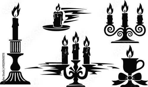 Black silhouette vector art of vintage candle holders with dripping wax flames and swirling bases arranged as five distinct candelabra designs on clean white background