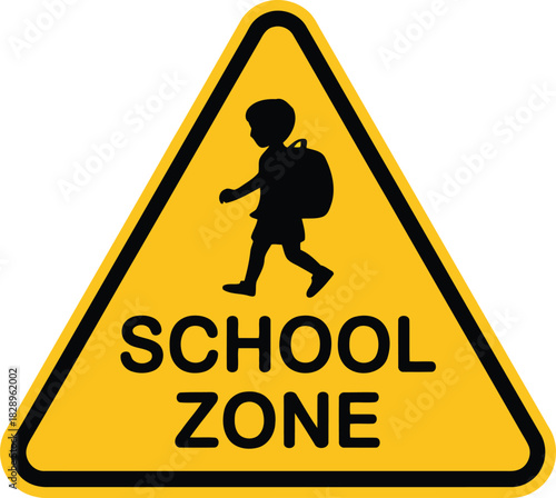 A standard yellow triangular school zone safety sign depicting a child with backpack and important text