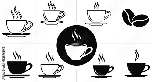 Monochrome Coffee and Tea Cup Icon Set with Steaming Hot Beverage Symbols, Ideal for Cafe Menu and UI Design.