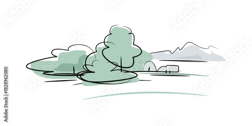Landscape color element. Eco icon drawn carelessly. Nature: trees, bushes, mountains. Horizon, eco system.
