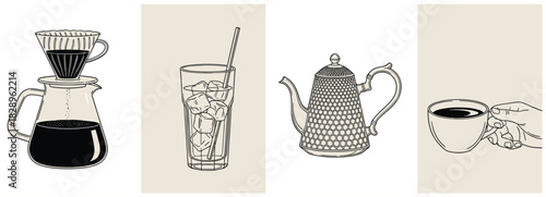 Detailed Engraving Style Vector Set of Coffee and Tea Items: Pour-Over Brewer, Iced Drink, Decorative Teapot, and Hand Holding Cup.