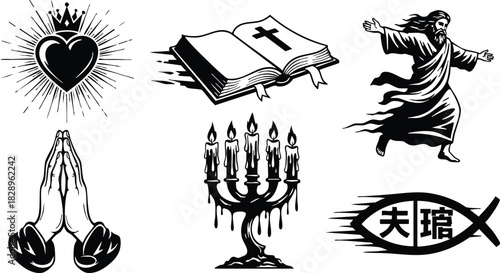 Monochrome vector art set of crowned sacred heart open bible with cross praying hands menorah ichthys symbol and walking jesus figure in bold tattoo style