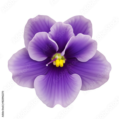 Single purple african violet blossom with yellow center on black background