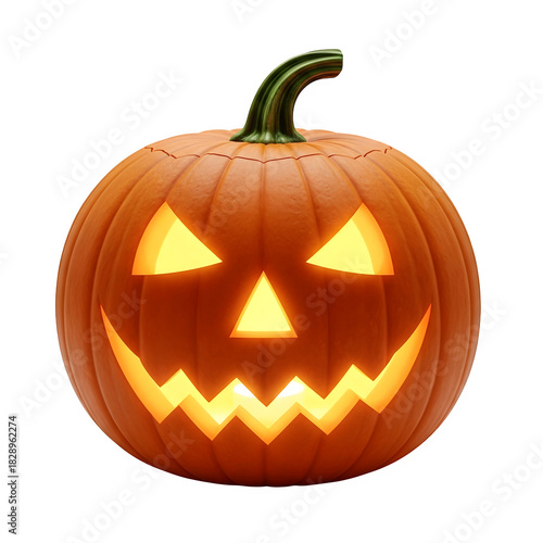Illuminated jack o lantern with a spooky face on a black background