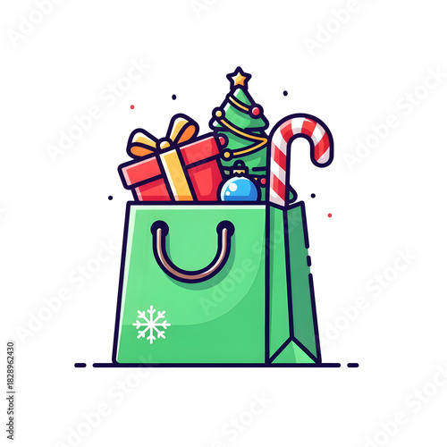 Festive green shopping bag filled with christmas gifts and decorations