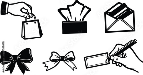 Monochrome vector icons of hand holding shopping bag tissue box open envelope gift bows and hand writing card for packaging and stationery design