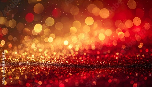 Golden and Red Glittering Bokeh Background Sparkle Festive Celebration Abstract Elegant Glamour Backdrop Decorative Design.
