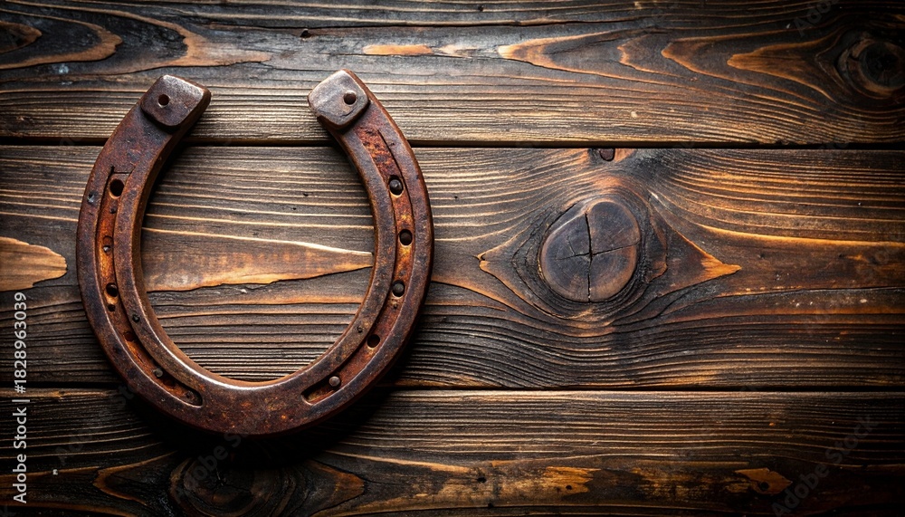 Fototapeta premium Vintage horseshoe on rustic wooden planks evoking tradition and heritage with a sense of nostalgia and timelessness.
