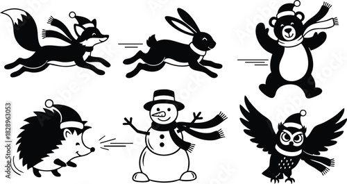 Flat black silhouette vector art of winter animals and snowman wearing santa hats and scarves in dynamic playful poses for christmas season greeting design