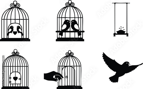 Minimal vector art sequence of love birds in cage heart lock hand opening door and one bird flying toward hanging feeder in symbolic freedom scene