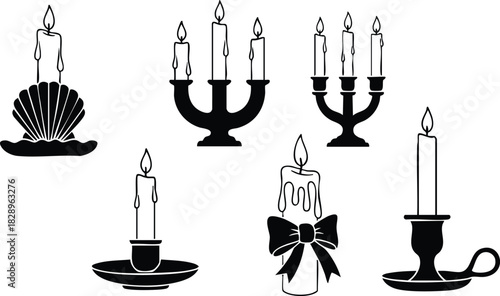 Monochrome vector art of six candle and candlestick silhouettes including shell holder candelabra and ribbon bow melting pillar in simple decorative arrangement