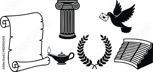 Monochrome vector set of ancient greek icons with scroll oil lamp ionic column laurel wreath amphitheater and flying dove carrying letter symbol