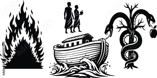 Monochrome vector art of burning bush noah ark on stormy waves and serpent tree offering apple with silhouetted couple temptation symbolism