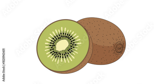 A fresh and ripe kiwi fruit shown as a whole and cut in half to reveal its green flesh and black seeds in a vector icon.