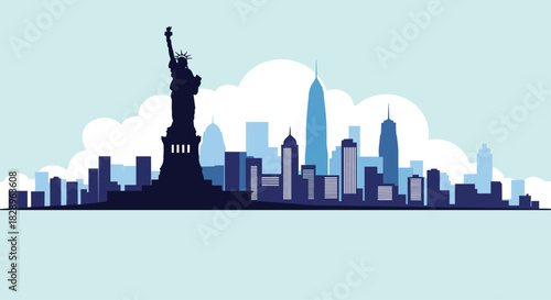 An iconic silhouette of the New York City skyline featuring the Statue of Liberty against a sky with soft white clouds.