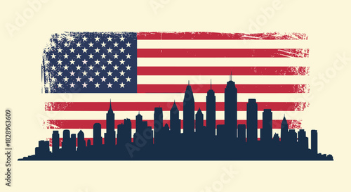 A patriotic illustration of a city skyline silhouette set against a vintage grunge-style American flag for a national theme.