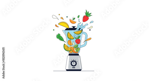 A modern kitchen blender filled with fresh fruits and vegetables splashing into a healthy smoothie for a nutrition concept.