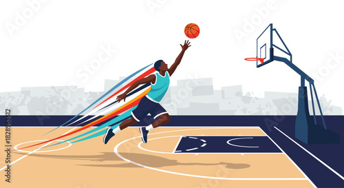 A dynamic African American basketball player jumping towards the hoop for a slam dunk with colorful motion trails behind him.