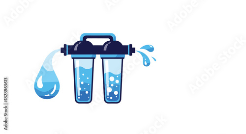 A simple flat icon of a two-stage water filter system showing the process of purification with clean water flowing out.