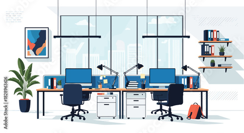 A modern and clean open-plan office interior with two computer workstations desks and a large window with a city view.