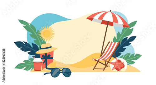 A charming summer beach frame with a deck chair umbrella and vacation essentials providing copy space for your message.