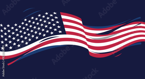 A stylized and dynamic waving American flag on a dark blue background representing patriotism and national pride of the USA.