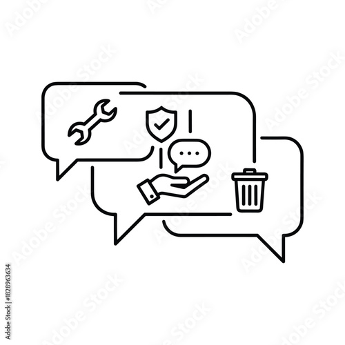 Customer service chat bubbles with support, security, and delete icons