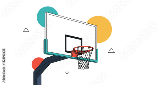 A modern and stylized illustration of a basketball hoop and backboard with abstract geometric shapes on a white background.