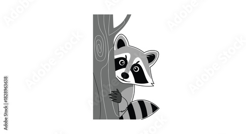 A cute and curious cartoon raccoon in black and white peeking out from behind a tree trunk on a white background.