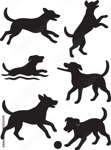 "Dog Silhouettes in Motion – Running, Jumping, Playing, Swimming Vector Icons"
