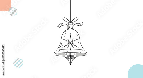 A minimalist line art illustration of a hanging Christmas bell ornament with a star design for a modern holiday greeting.