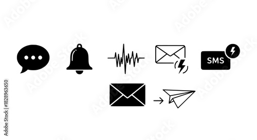 Messaging and Communication Icons Chat Bubble, Alert Bell, Email, SMS, and Message Delivery Illustrations