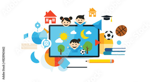 A colorful flat design concept of kids' education and activities with a tablet screen showing children playing outdoors.