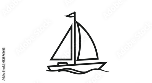 A simple and clean black line art icon of a sailboat floating on gentle waves for a minimalist nautical or travel logo.