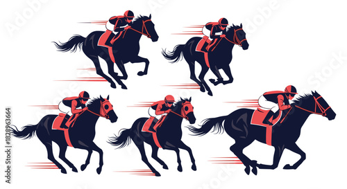 A dynamic set of illustrations showing a jockey riding a racehorse in various phases of motion during a high-speed race.