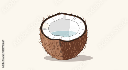 A fresh tropical coconut cut in half showing the white flesh and clear coconut water in a simple vector illustration.
