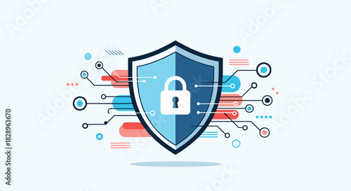 A modern flat design concept of cybersecurity and data protection featuring a shield with a lock and digital circuit lines.